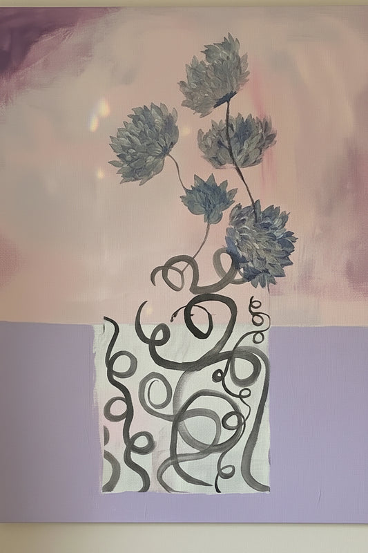Mixed media: flowers on rice paper with chinese ink, acrylic on canvas