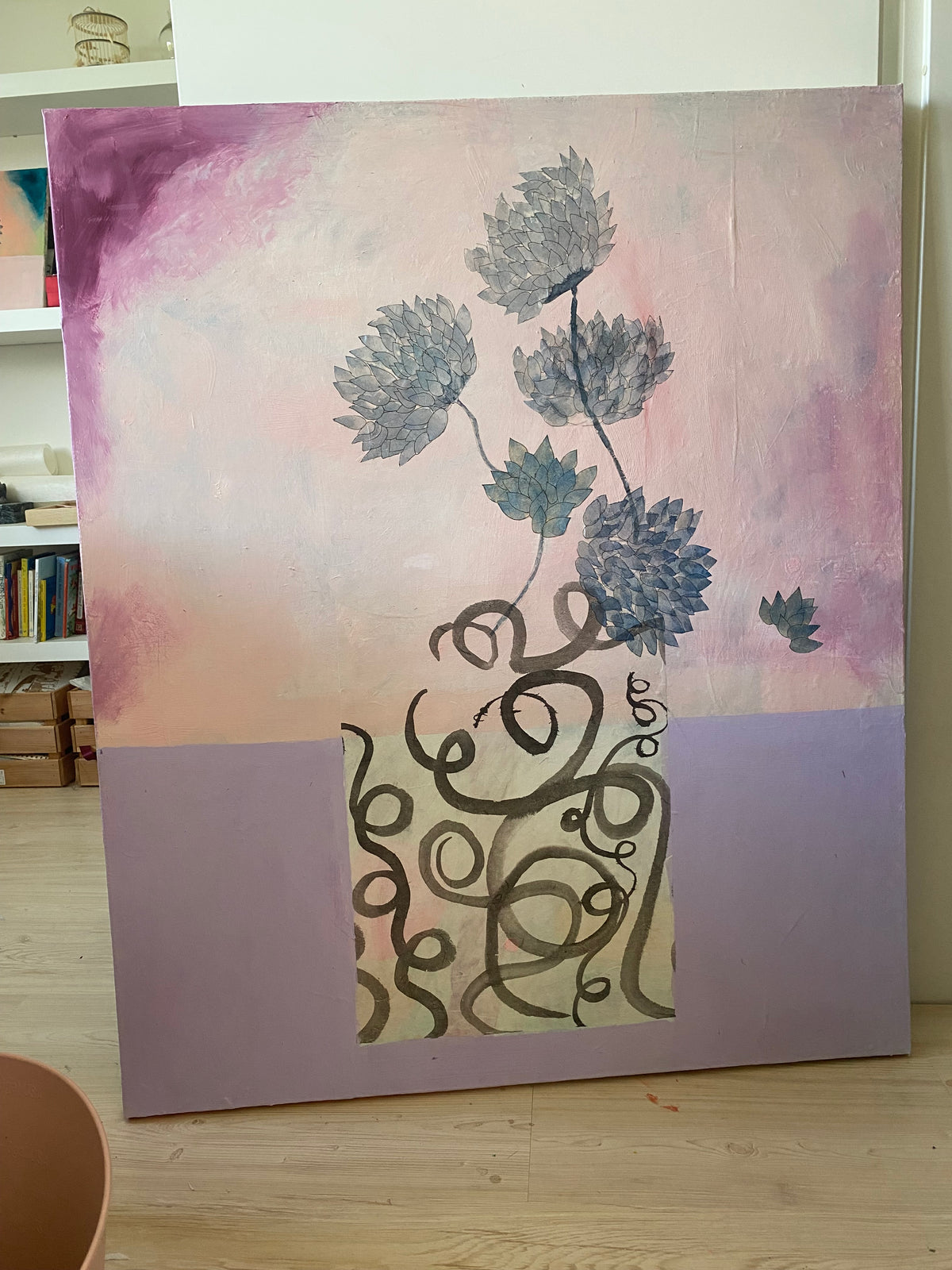 Mixed media: flowers on rice paper with chinese ink, acrylic on canvas